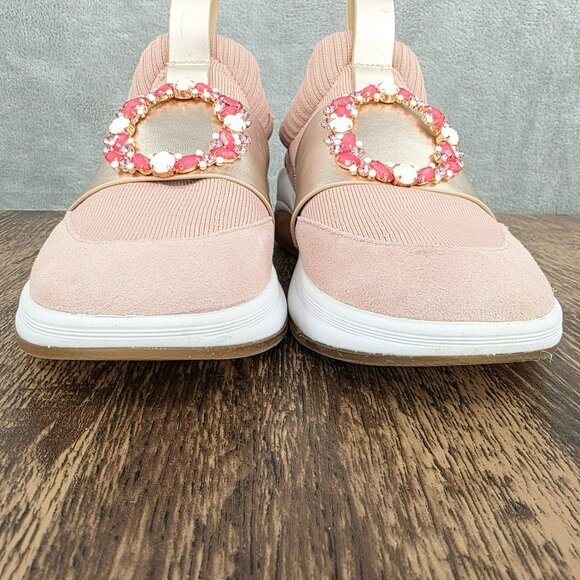 Karl Lagerfeld Charlee Slip On Sneakers 8 Gold Blush Pink Stretch Knit Crystals - Picture 4 of 16